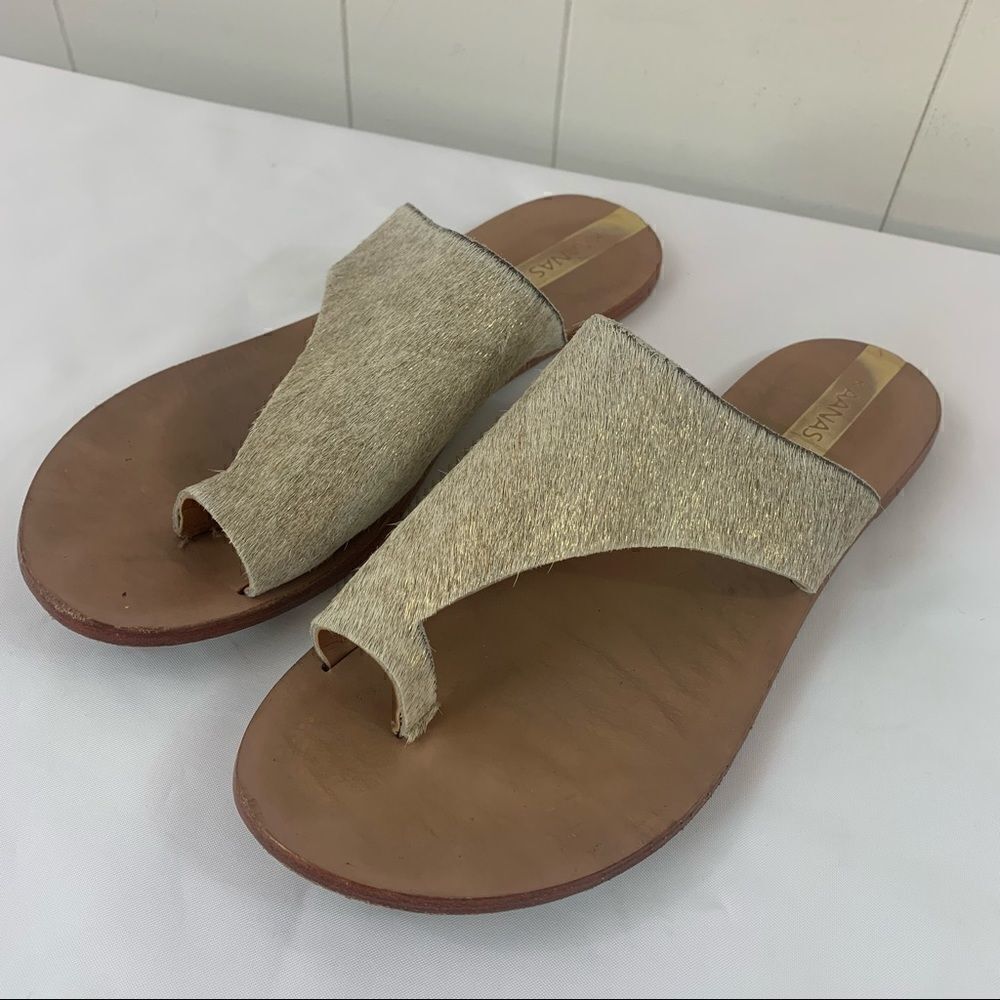 Metallic Gold Slides Sandals Shoes Kaanas Itacare Calf Hair Sz 8